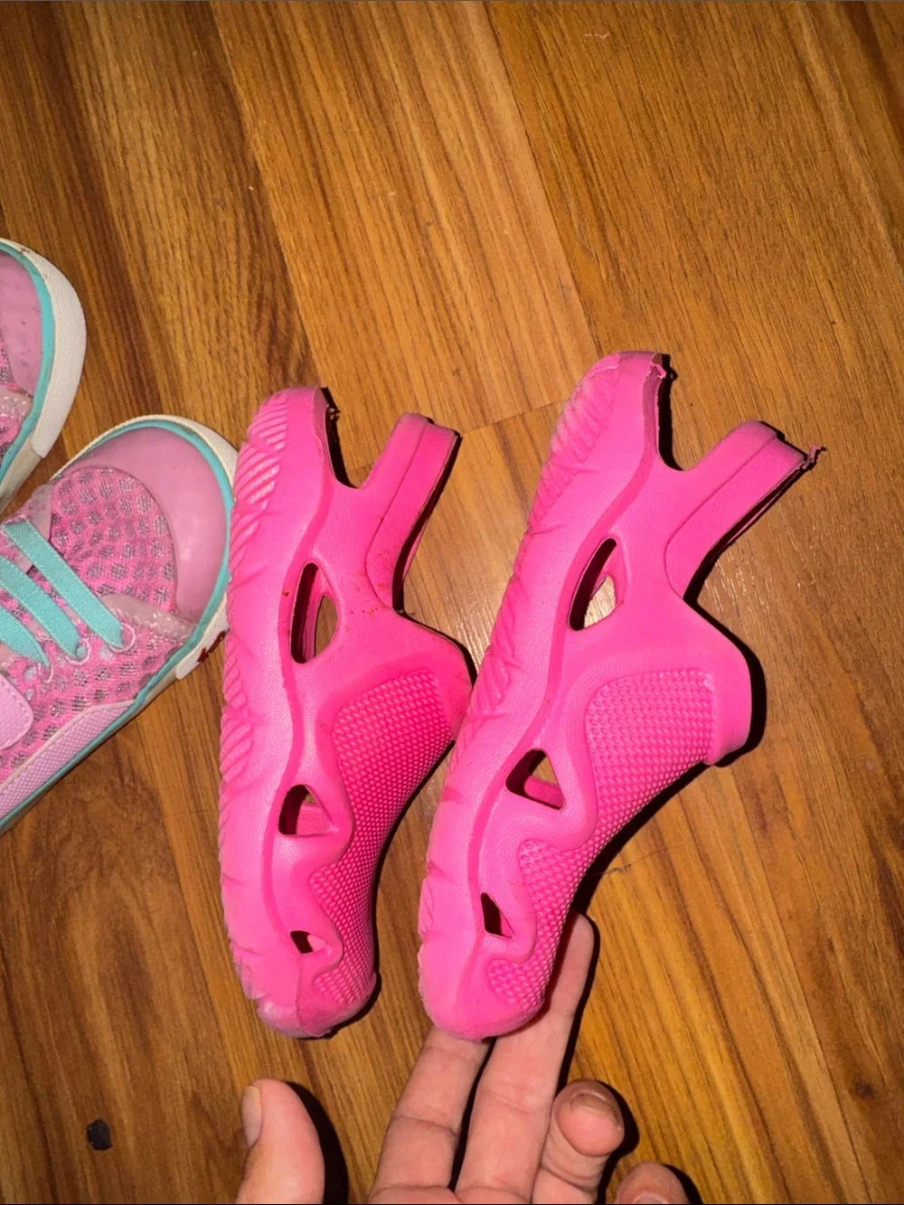 Bright Pink Kids Water Shoes and Mesh Sneaker Set. Girls 11, used & need a clean